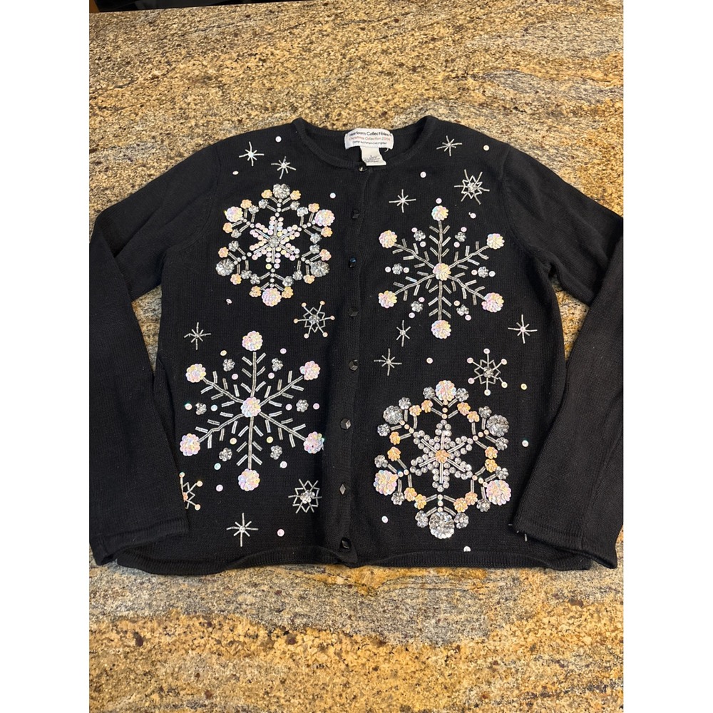 Heirloom Collectibles 2004 Christmas Snowflake Beaded Sequin‎ Cardigan Sweater S